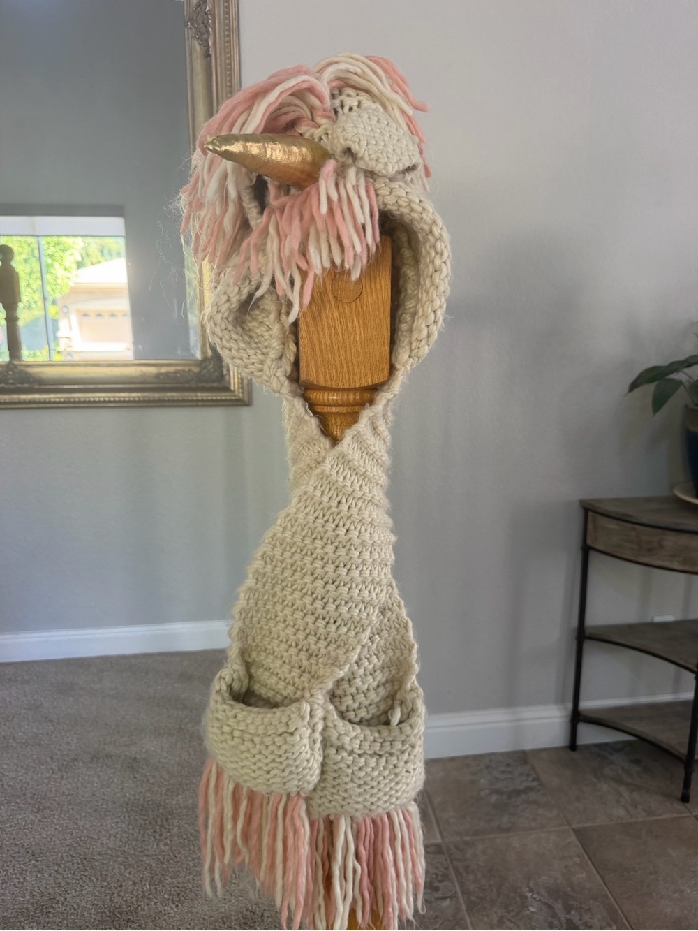 Handmade Cream Unicorn Hooded Scarf with Pink Mane